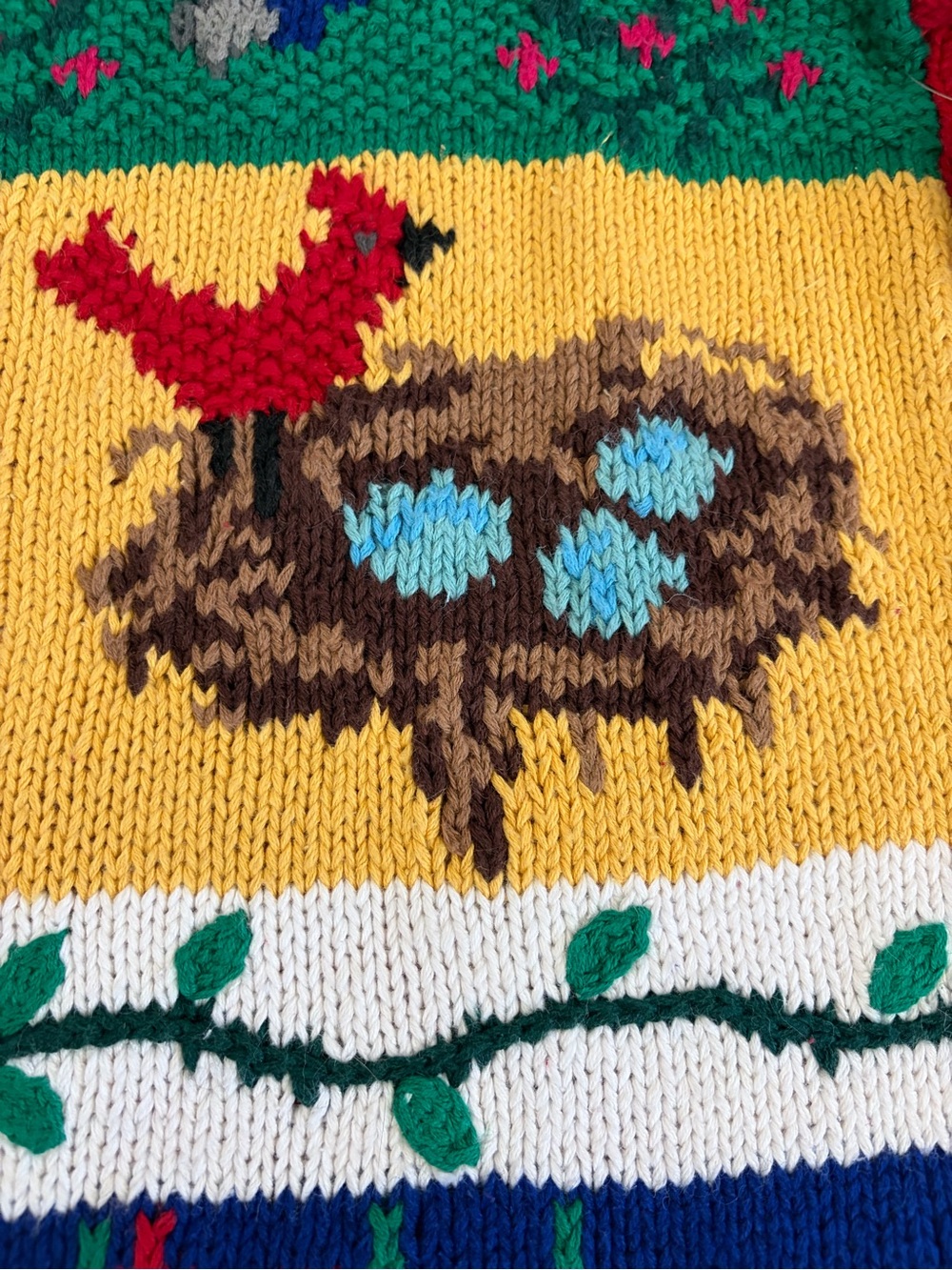 Vtg Karen Scott Hand Knit Sweater Spring Cardinal Bird Flowers Birdhouse Sz L - Picture 12 of 12